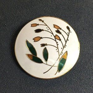 Cloisonné Flower Round Pin Brooch White Multicolor Gold Retro Vintage Boho